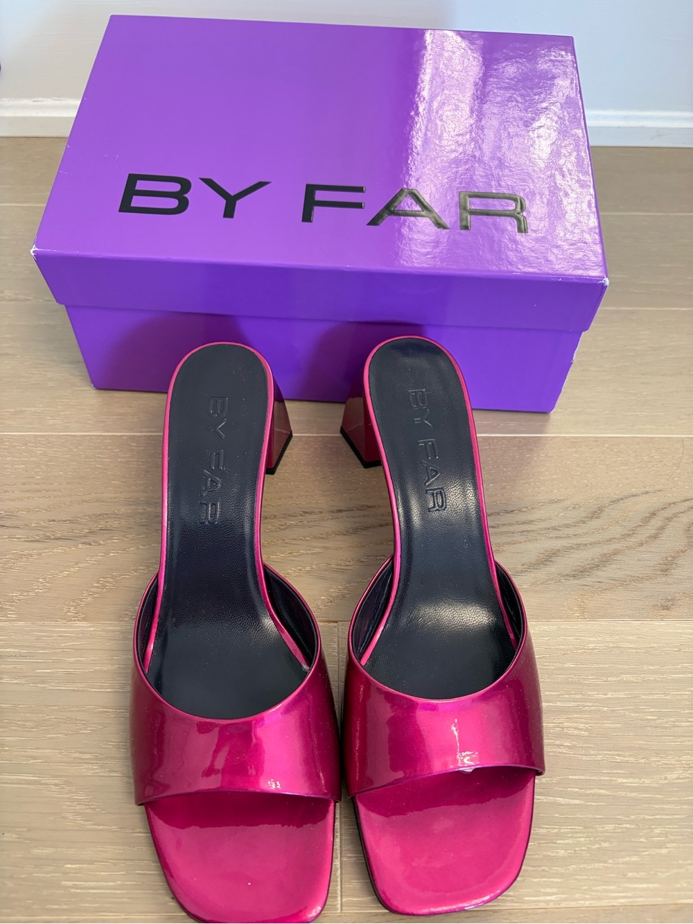 BY FAR Hot Pink Patent Leather Block Heel Slides